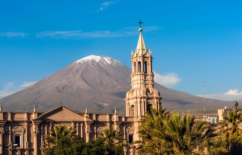 Volcano El Misti overlooks the city Arequipa in southern Peru. 